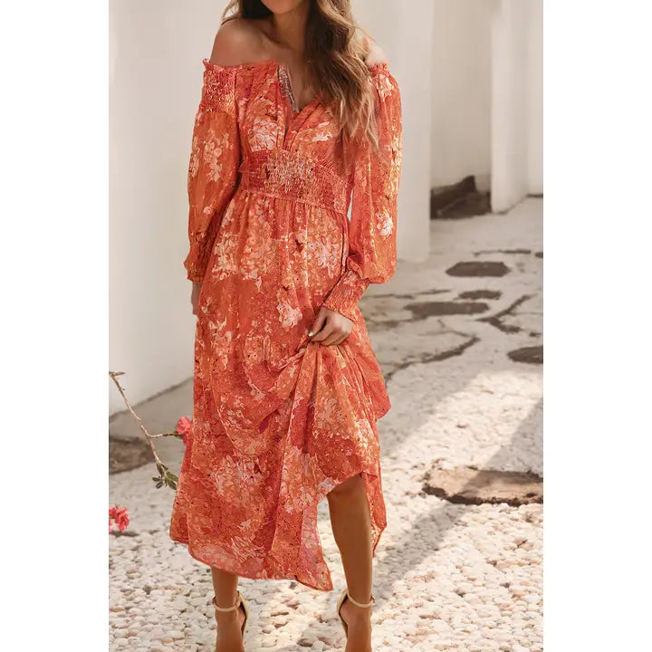 Boho Floral Bishop Sleeve V Neck Tiered Maxi Dress