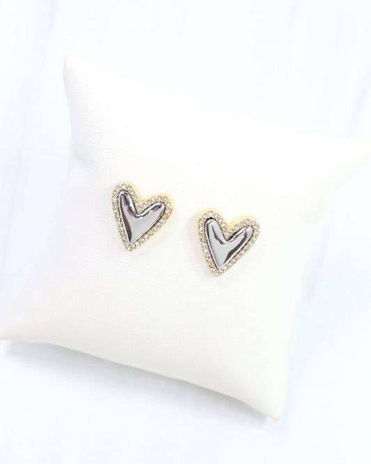 Whimsical Puff Heart and Crystal Stud Silver