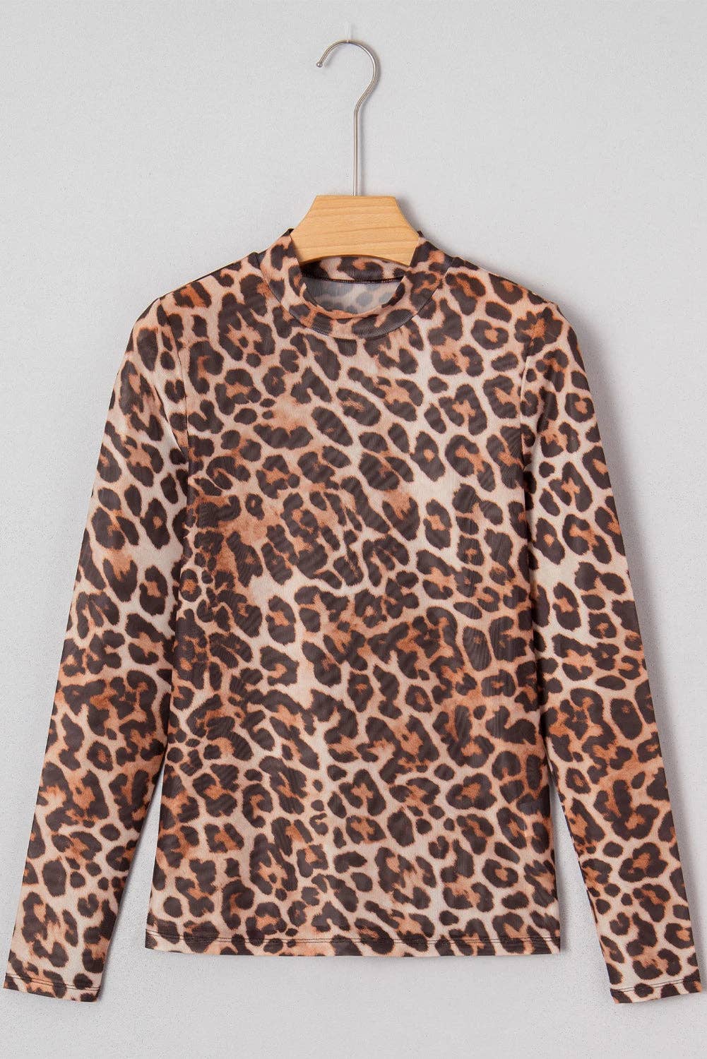 Brown Leopard Mock Neck Mesh Top