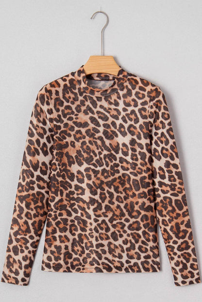 Brown Leopard Mock Neck Mesh Top