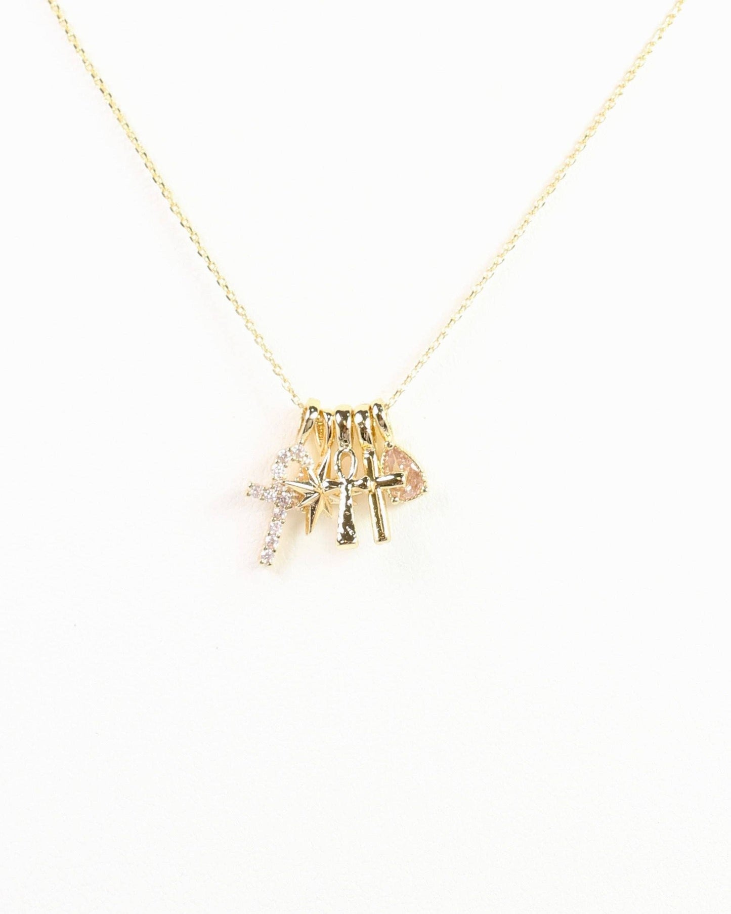 Ankh and Cross Charm Necklace Set Gold