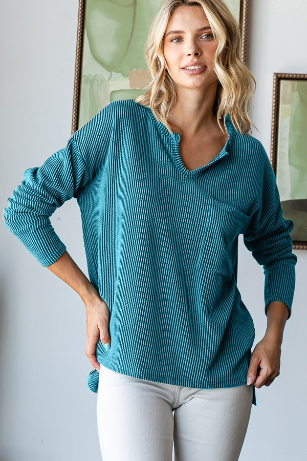 Teal Ribbed Hi-Low Long Sleeve Top