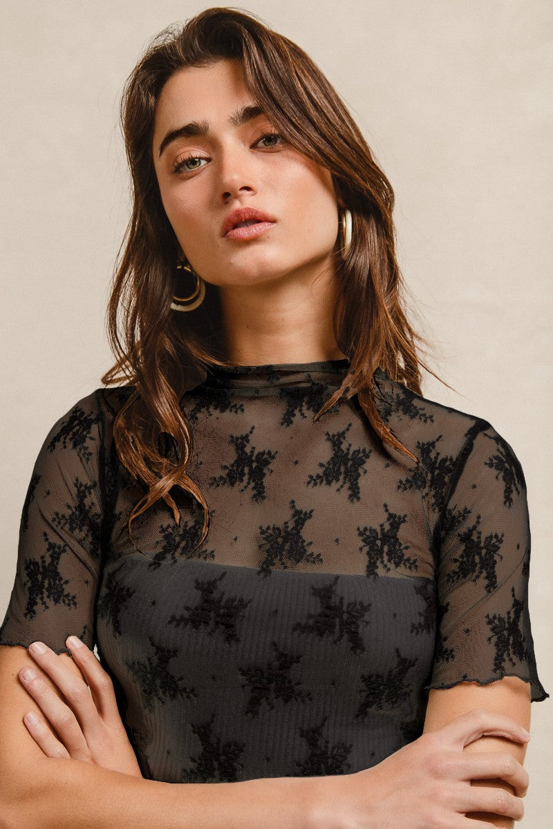 Black High Neckline Mesh Short Sleeve Top