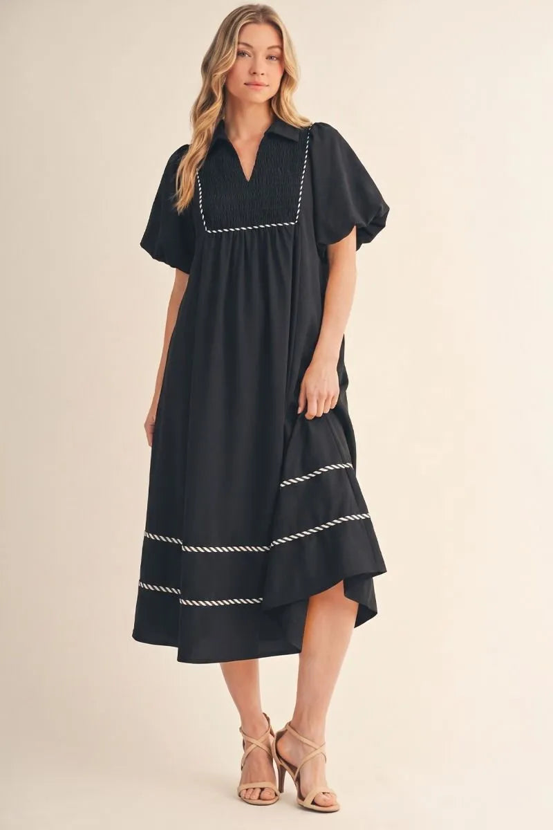 The Kenzie Black Puff Sleeve Midi Dress