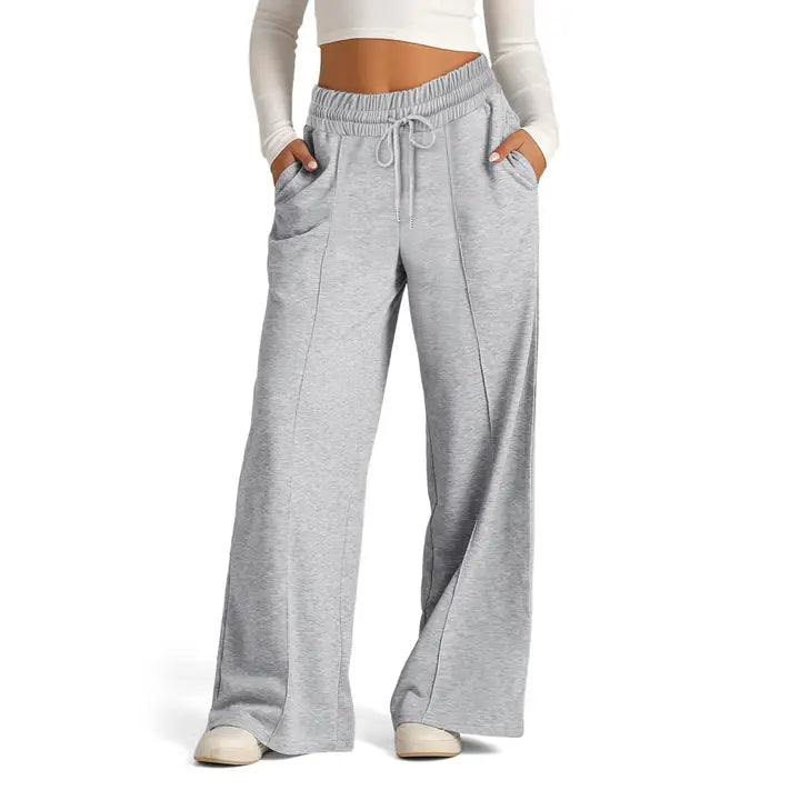 Solid Color Waist Wide Leg Casual Pants in Grey