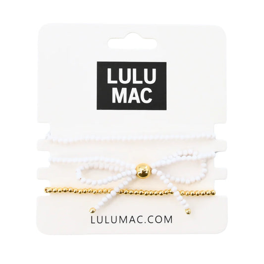 Lulu Mac White/Gold Bead Bow Bracelet Set