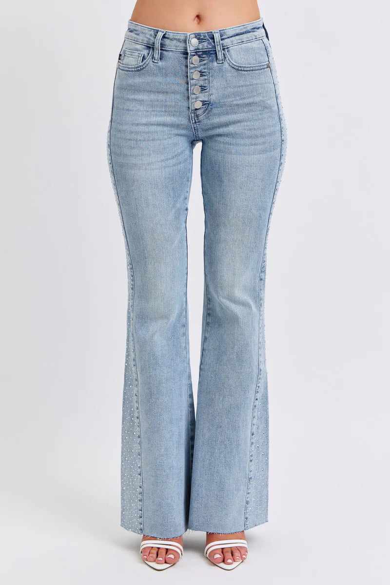 Judy Blue MR Rhinestone Side Panel Detail Flare Jeans