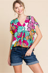 White Colorful Flower V Neck Top