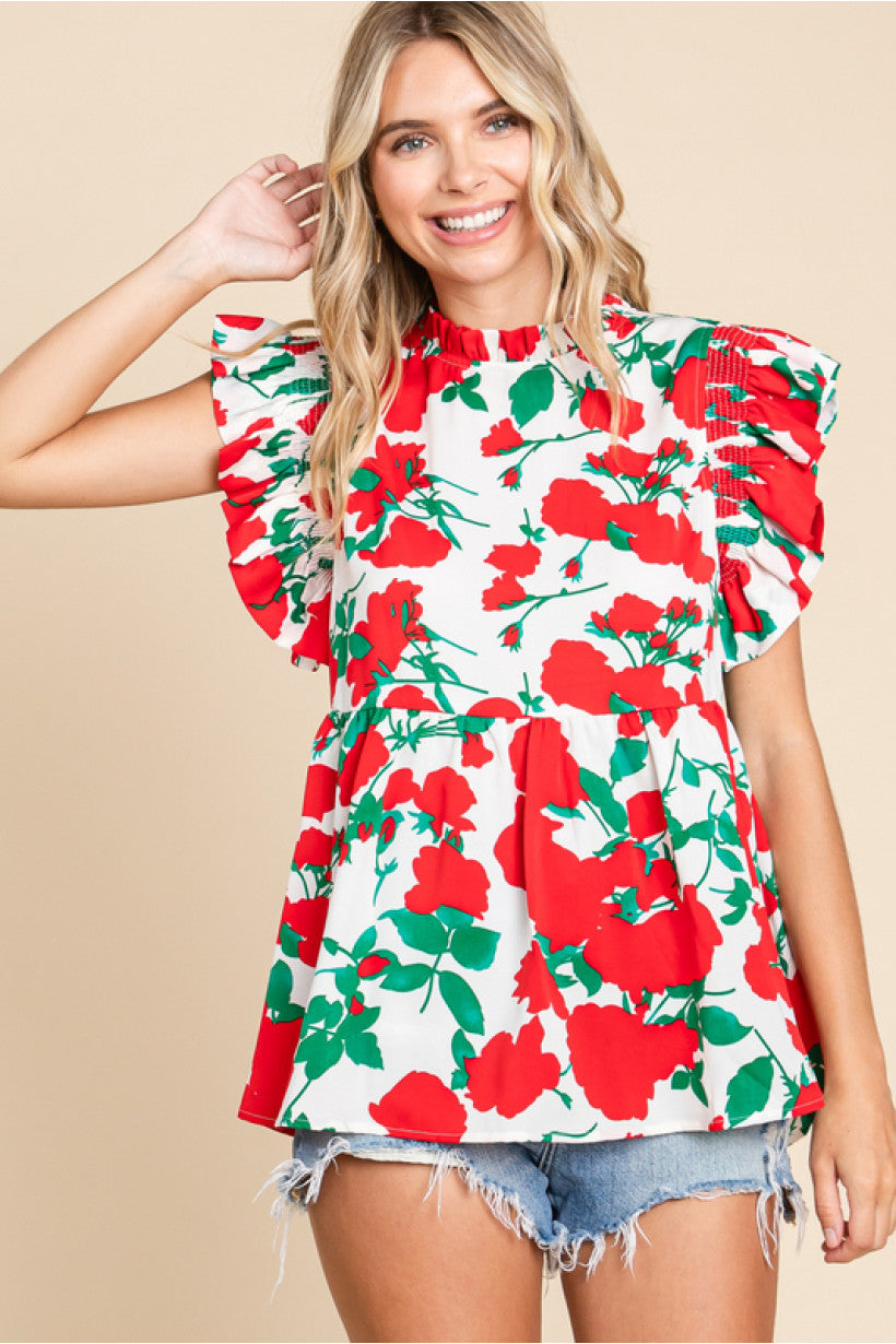 Red Flower Print Babydoll Top