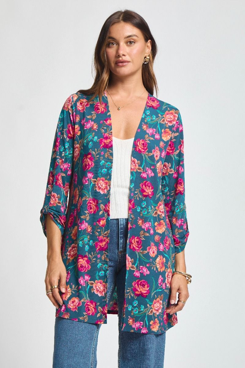 Dear Scarlett Dark Teal Flowered Cardigan