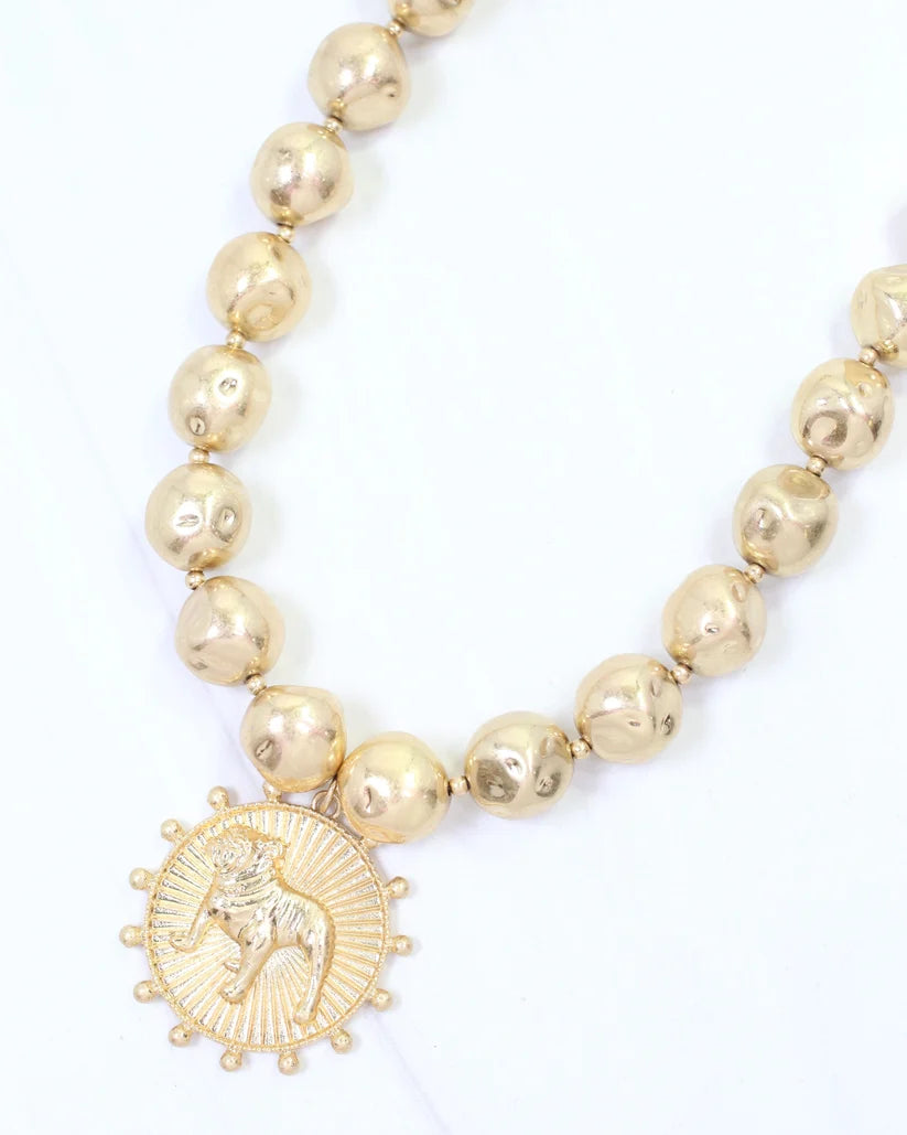 Carmen Beaded Coin Necklace-Standing Bulldog Worn Gold