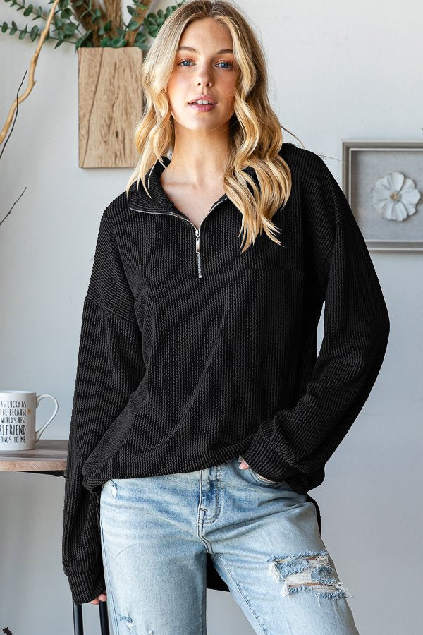 Long Sleeve thin Urban Ribbed Hoodie Top in Black