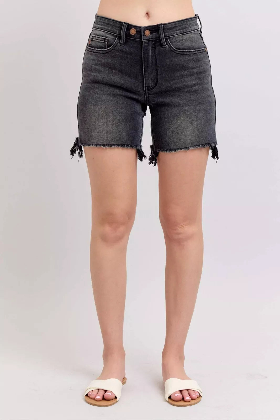 Judy Blue Long Cut Off 2 Button Dad Shorts in Black