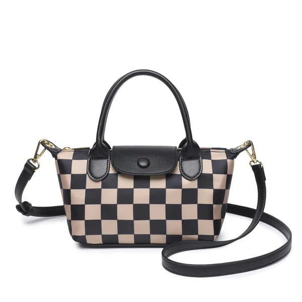 Nylon Checker and Solid Double Handle Crossbody Bag