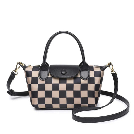 Nylon Checker and Solid Double Handle Crossbody Bag