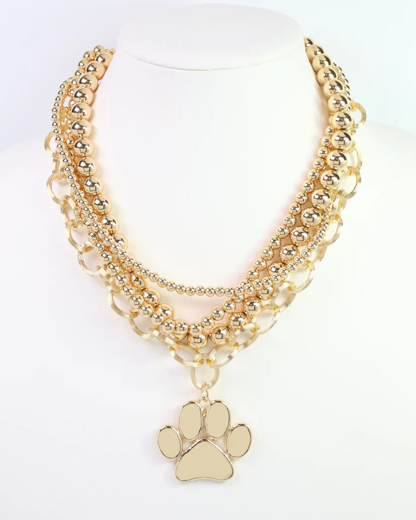 Bree Beaded Layered Necklace Paw Print Gold