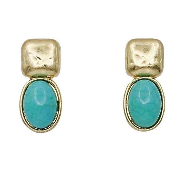 Gold Square with Turquoise Oval Earrings