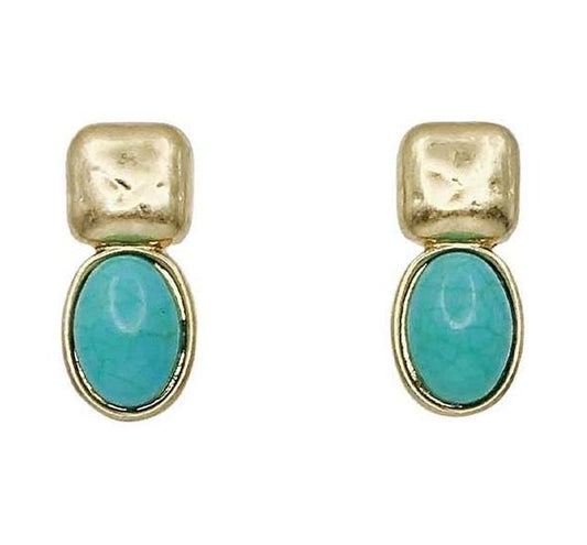 Gold Square with Turquoise Oval Earrings