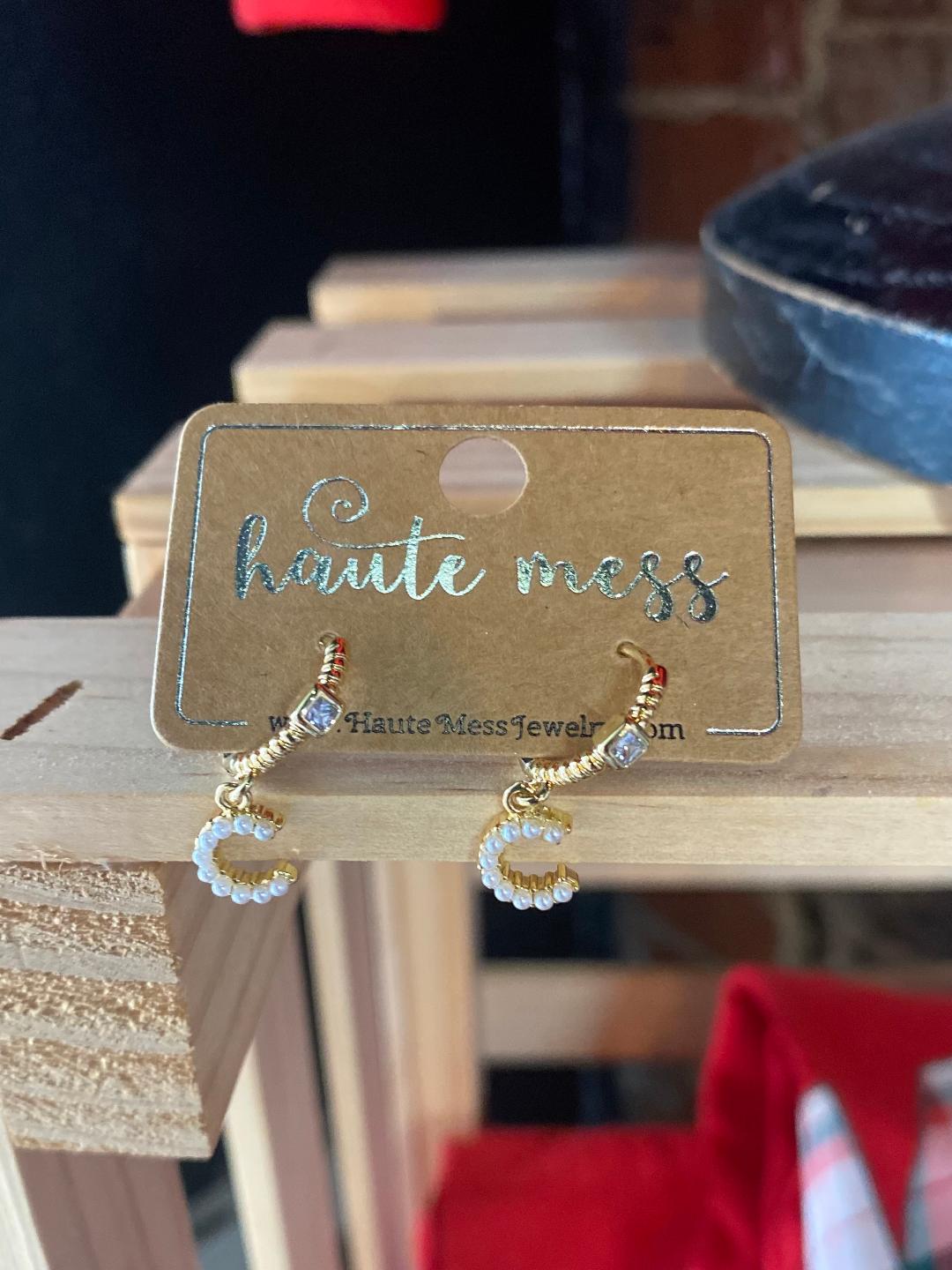 Gold Pearl Covered Letter Dangle Earrings