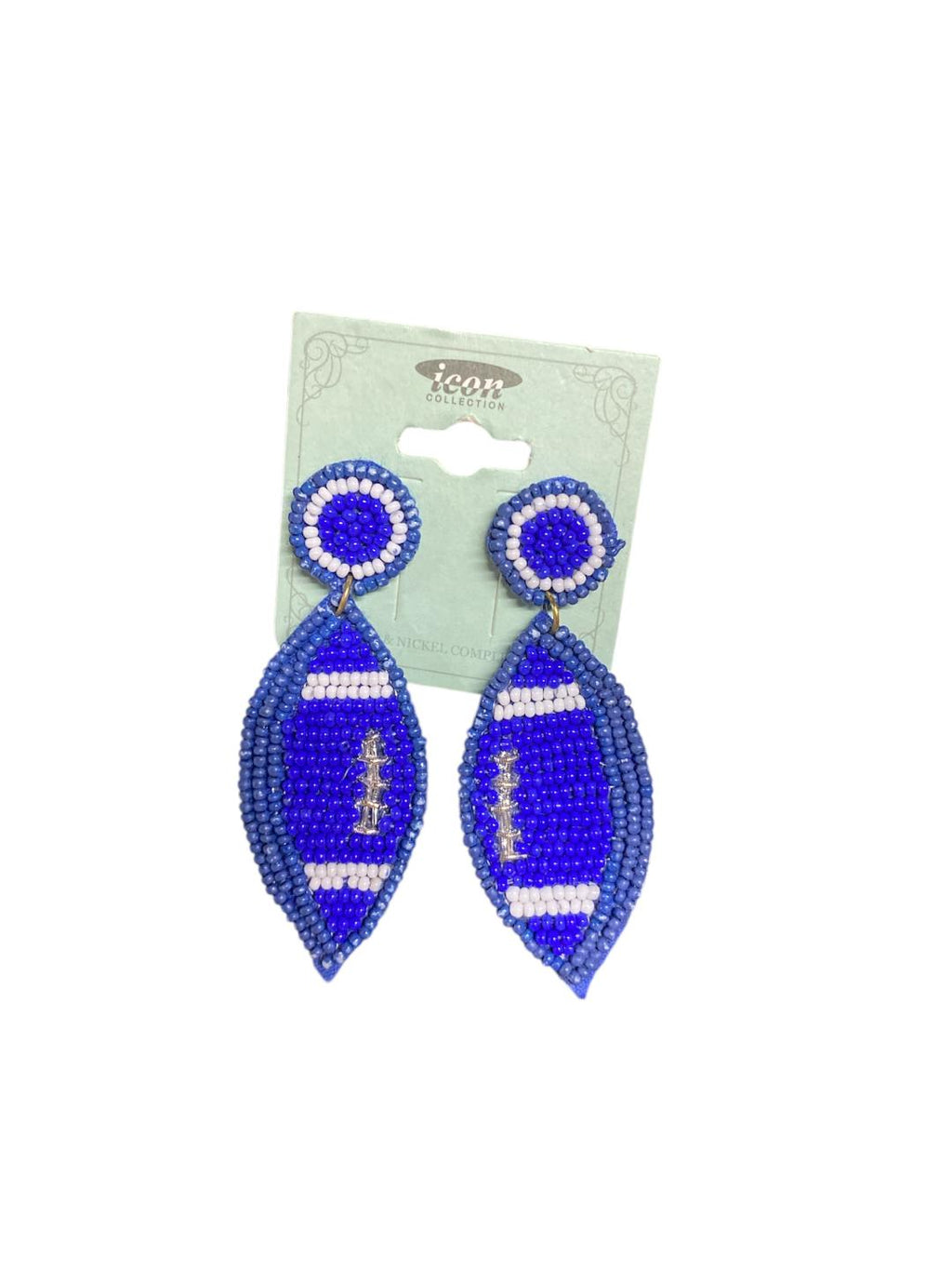 Blue Stitch Beaded Football Earrings