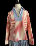 Striped split v-neck collared convertible long wide sleeve