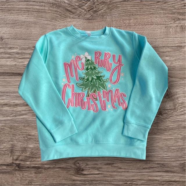 3 Kids & a Press Youth Aqua Merry Christmas Tree Sweatshirt
