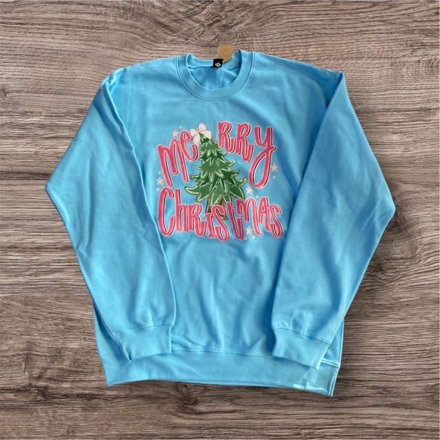 3 Kids & a Press Light Blue Merry Christmas Tree Sweatshirt