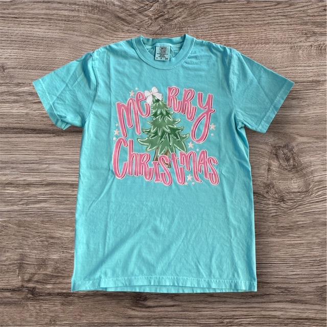 3 Kids & a Press Aqua Blue Merry Christmas Tree T-Shirt