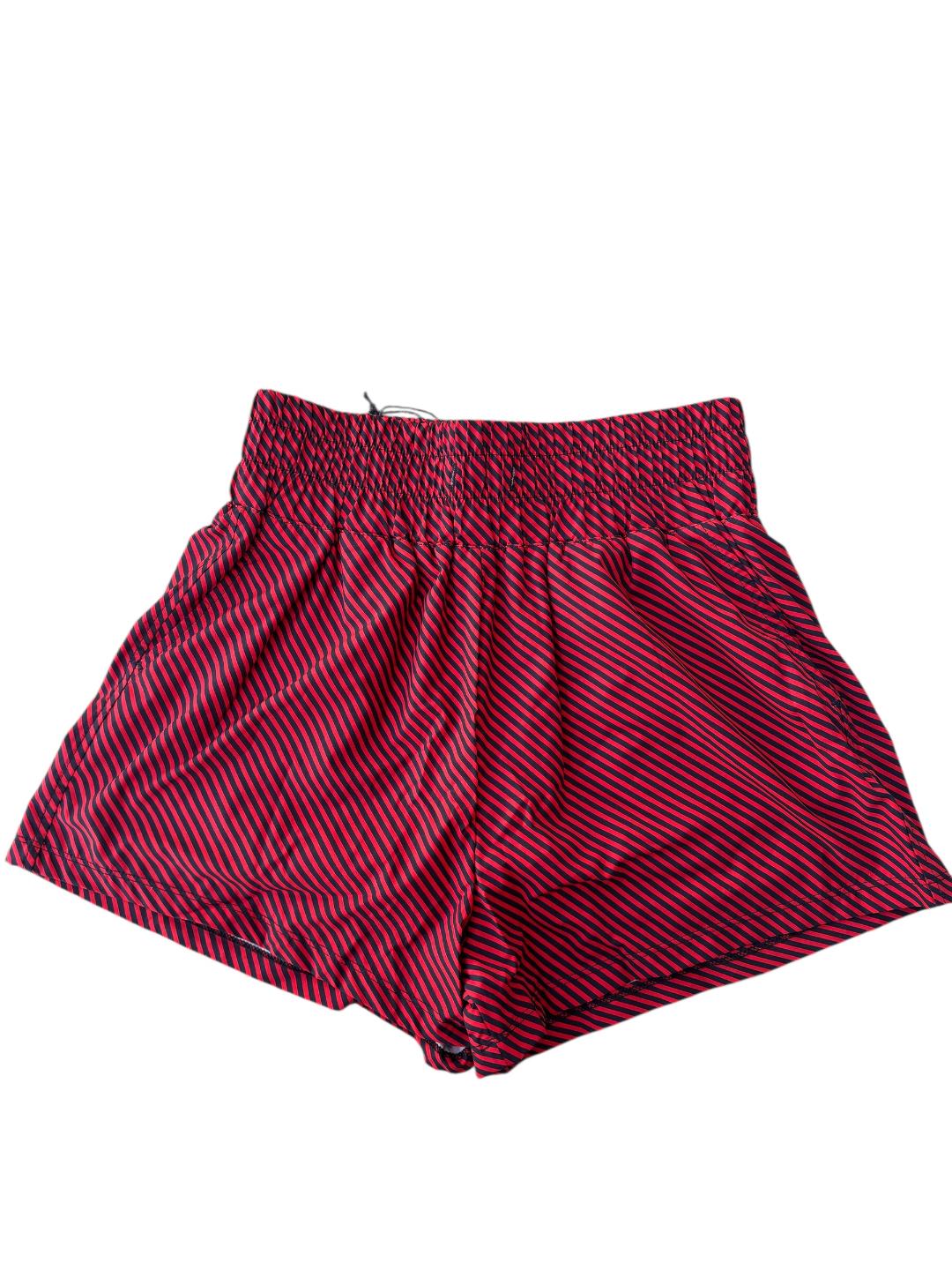 Meripex Women's High Waistband Shorts- Garnet and Black Bias Stripe