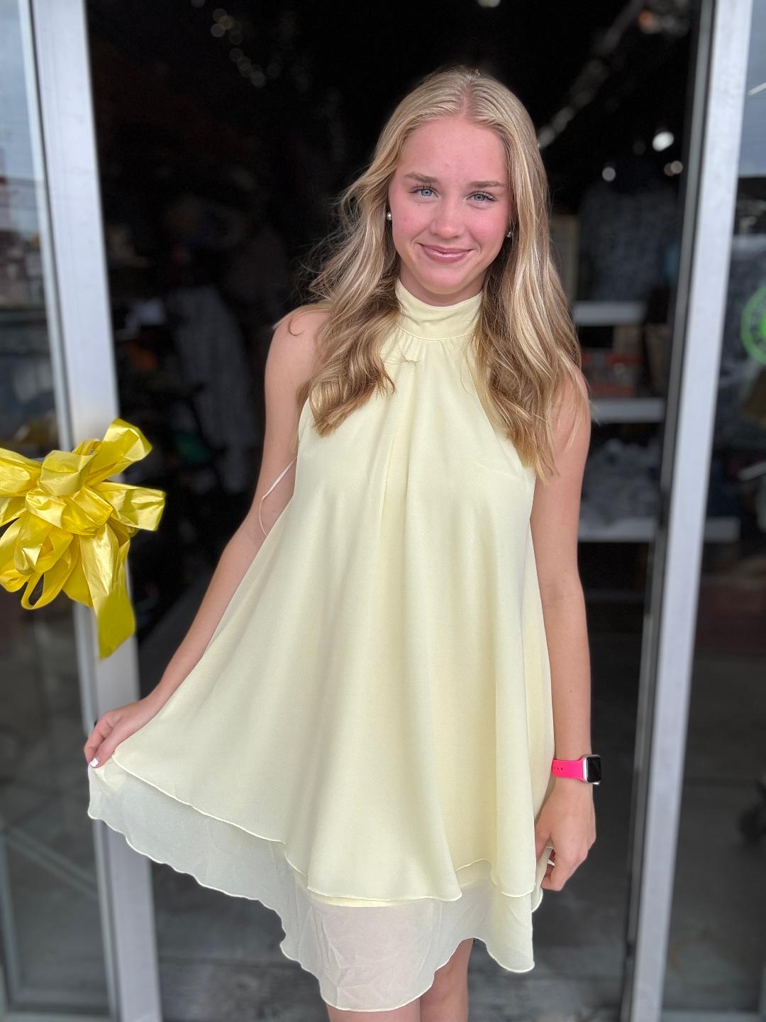 The Bella Light Yellow Halter Neck Ruffle Dress