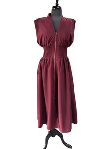 Entro Merlot Smocked Sleeveless Zip Midi Dress