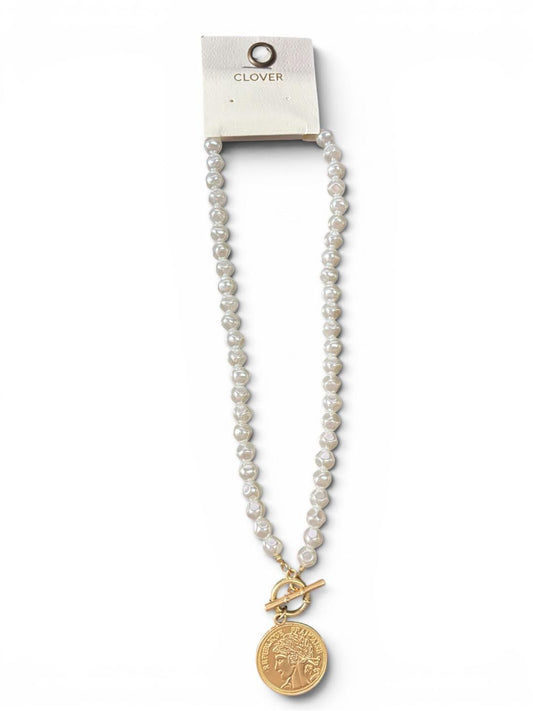 Classic Pearl Coin Drop Toggle Necklace