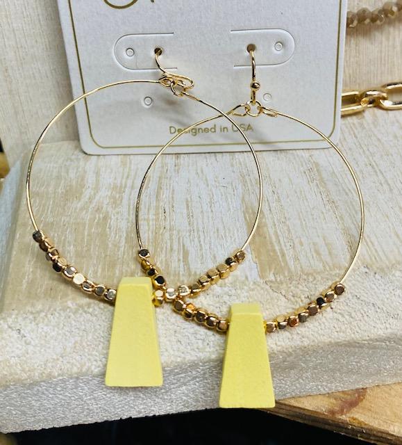 Rectangle Charm Beaded Gold Hoops
